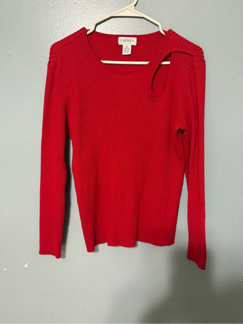 Carmen Marc Valvo Vibrant Red Ribbed Scoop Neck Sweater